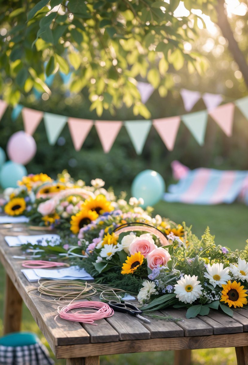 An outdoor table with fresh flowers, crafting supplies, and decorations set up for making floral crowns at a summer baby shower.