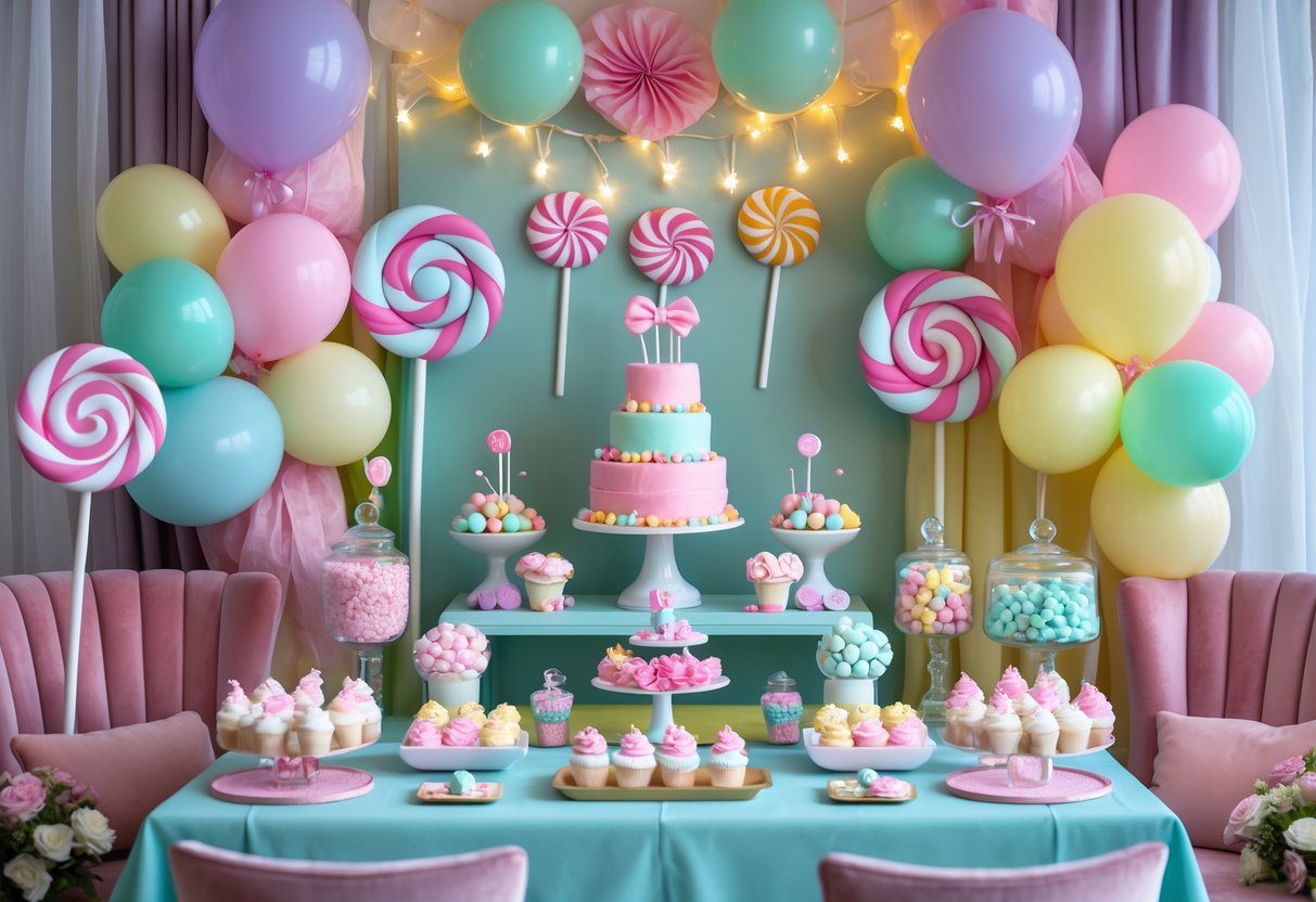 A colorful baby shower setup with candy-themed decorations, pastel balloons, and a dessert table filled with sweets.