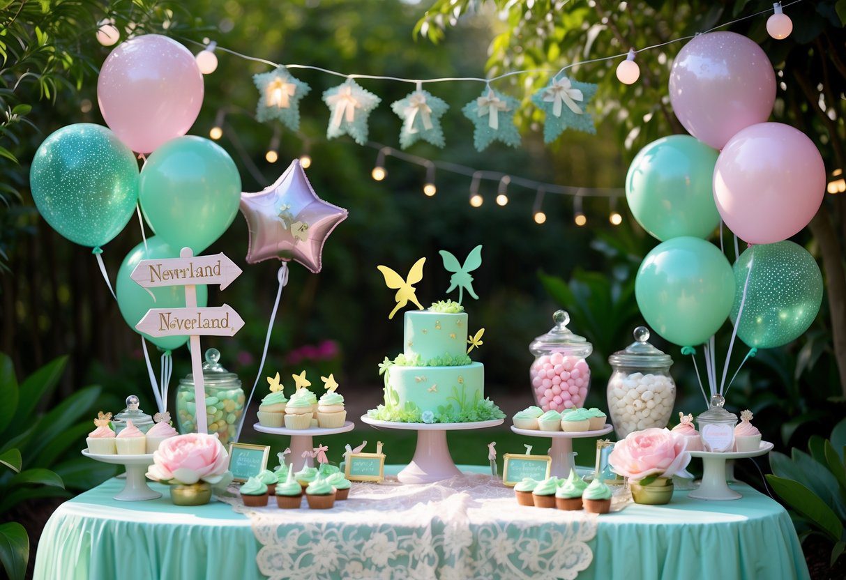 A decorated outdoor garden baby shower with pastel pink and green decorations, fairy lights, themed desserts, and plush toys inspired by Peter Pan and Neverland.