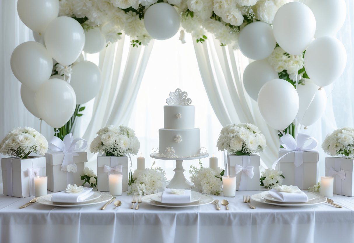 A white-themed baby shower setup with white flowers, balloons, gift boxes, and tableware arranged on a decorated table.