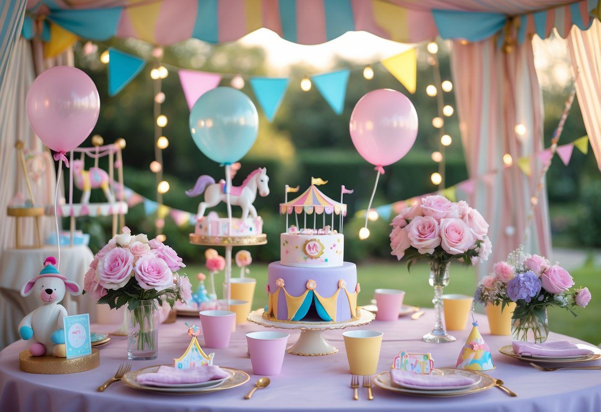 A colorful carnival circus-themed baby shower setup with pastel decorations, balloons, floral arrangements, and a decorated table in an outdoor garden setting.