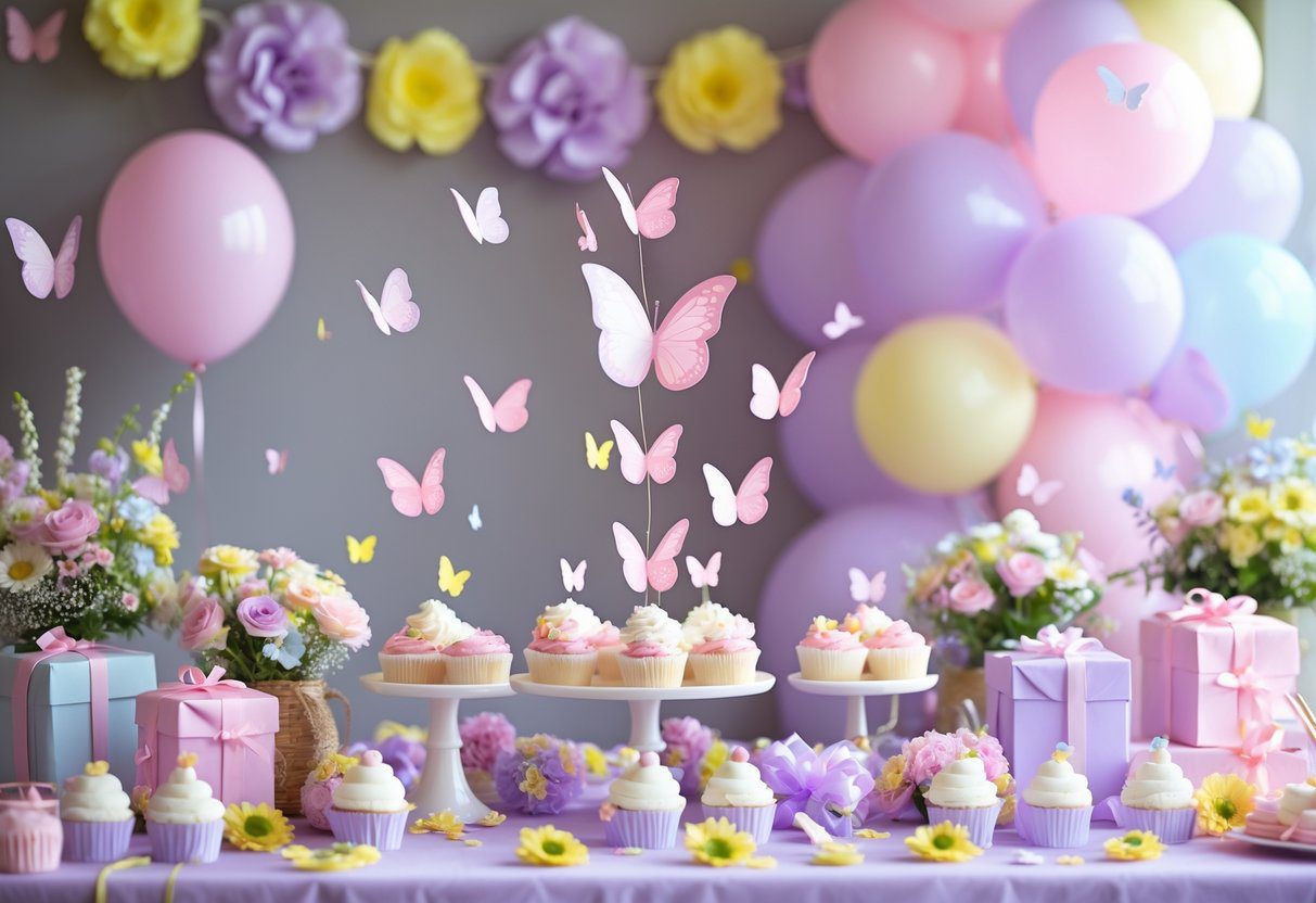 A decorated baby shower table with pastel colors, butterflies, flowers, cupcakes, and gift boxes celebrating a baby girl.