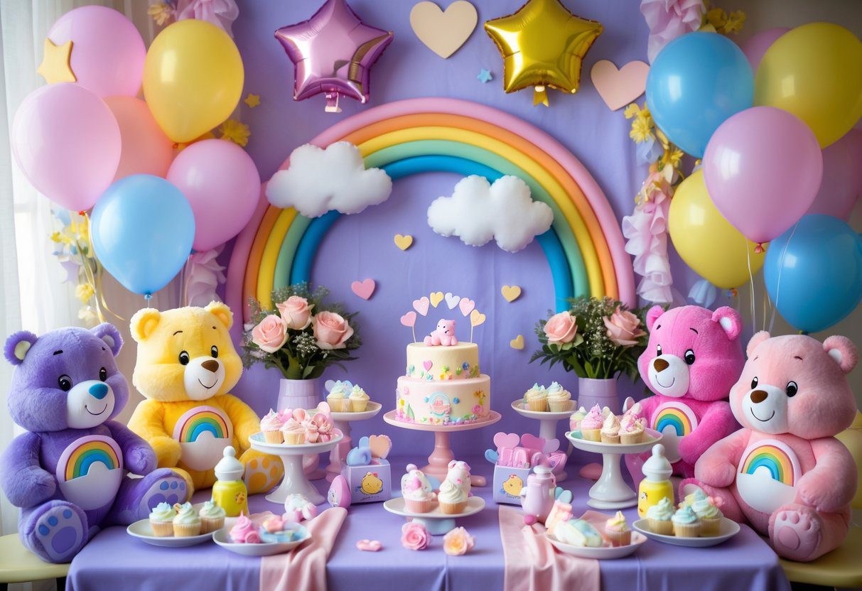 A baby shower setup with colorful Care Bear plush toys, balloons, cupcakes, and decorations in pastel colors celebrating a baby girl.