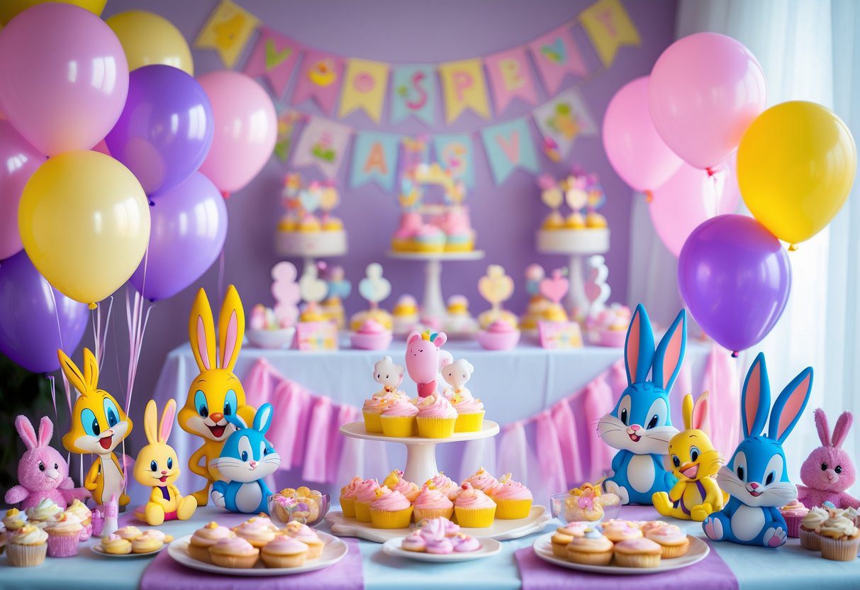 A colorful baby shower setup with Looney Tunes themed decorations, balloons, and treats for a girl, featuring characters like Tweety Bird and Lola Bunny.