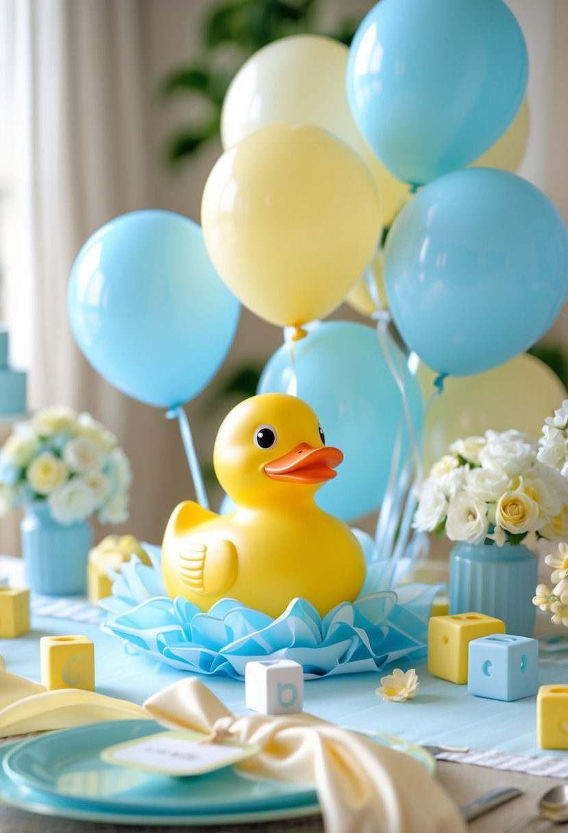 A baby shower table centerpiece with a yellow rubber duck surrounded by pastel balloons and baby-themed decorations.