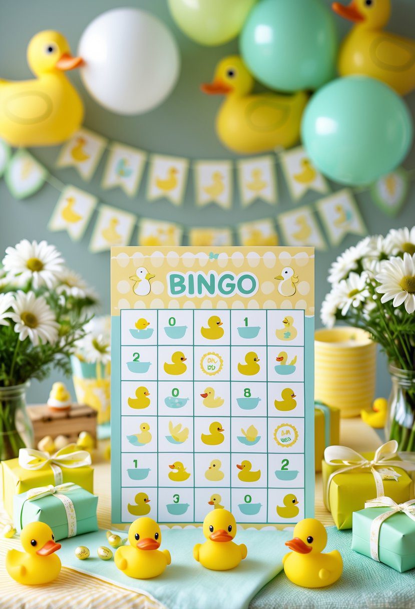 A baby shower table set up with duck-themed bingo cards, rubber duck toys, and yellow and green decorations.