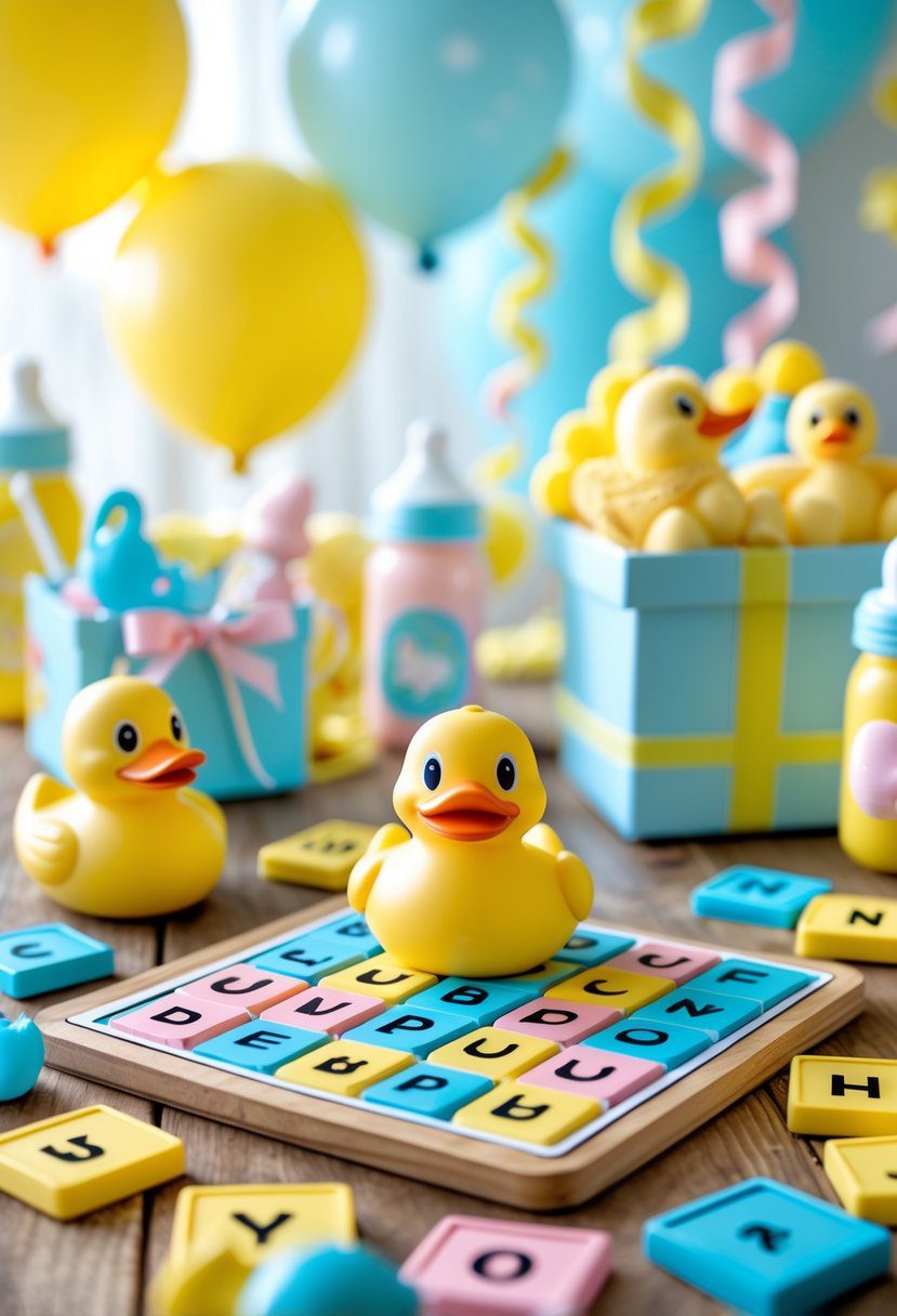 A baby shower game setup with rubber ducks, pastel decorations, and scrambled letter tiles on a wooden table.