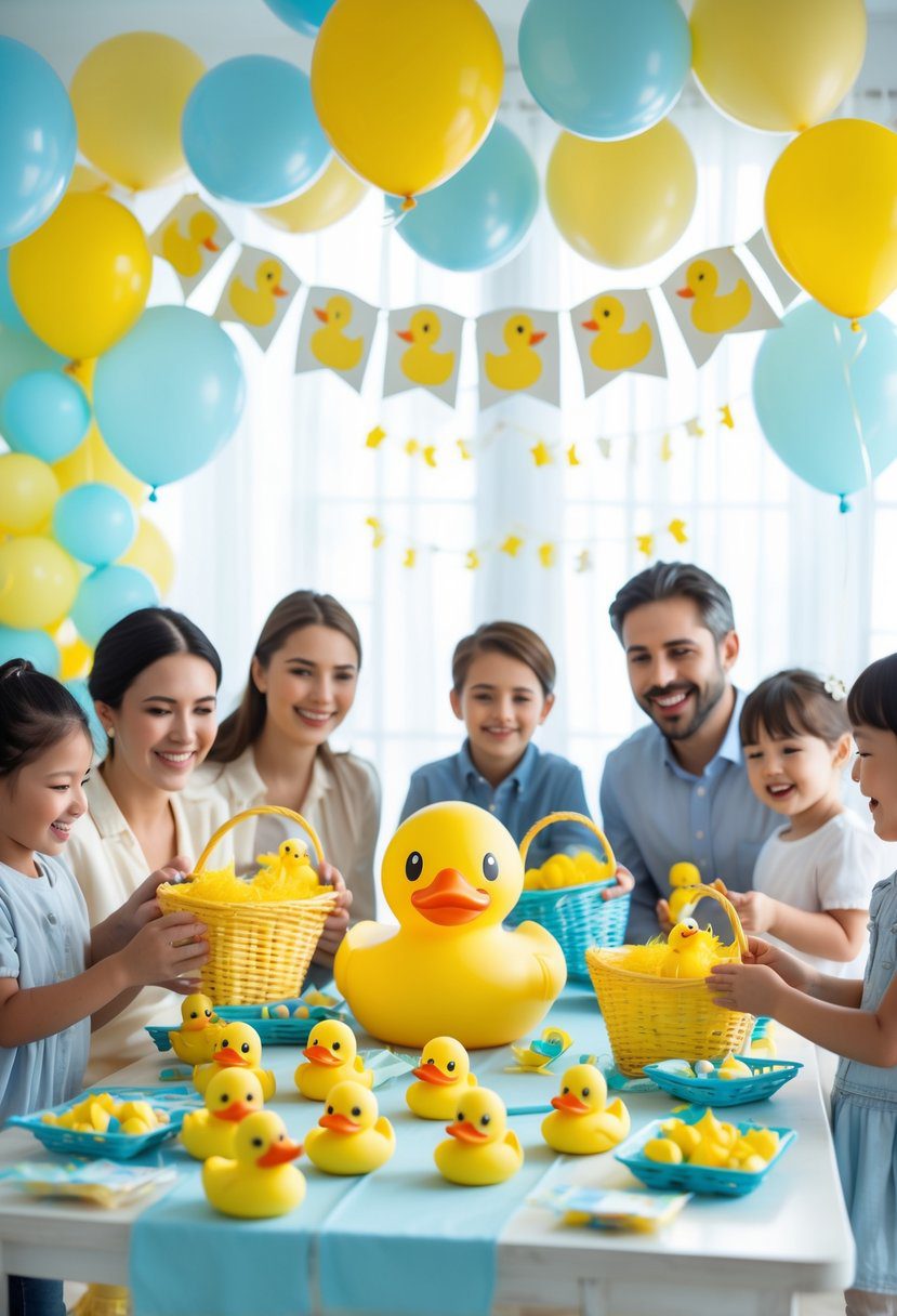 People enjoying a duck-themed baby shower scavenger hunt with rubber ducks and festive decorations.