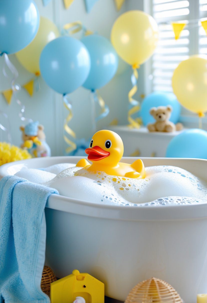 A yellow rubber duck sitting in a white bathtub filled with bubbles, surrounded by baby shower decorations like balloons and toys.