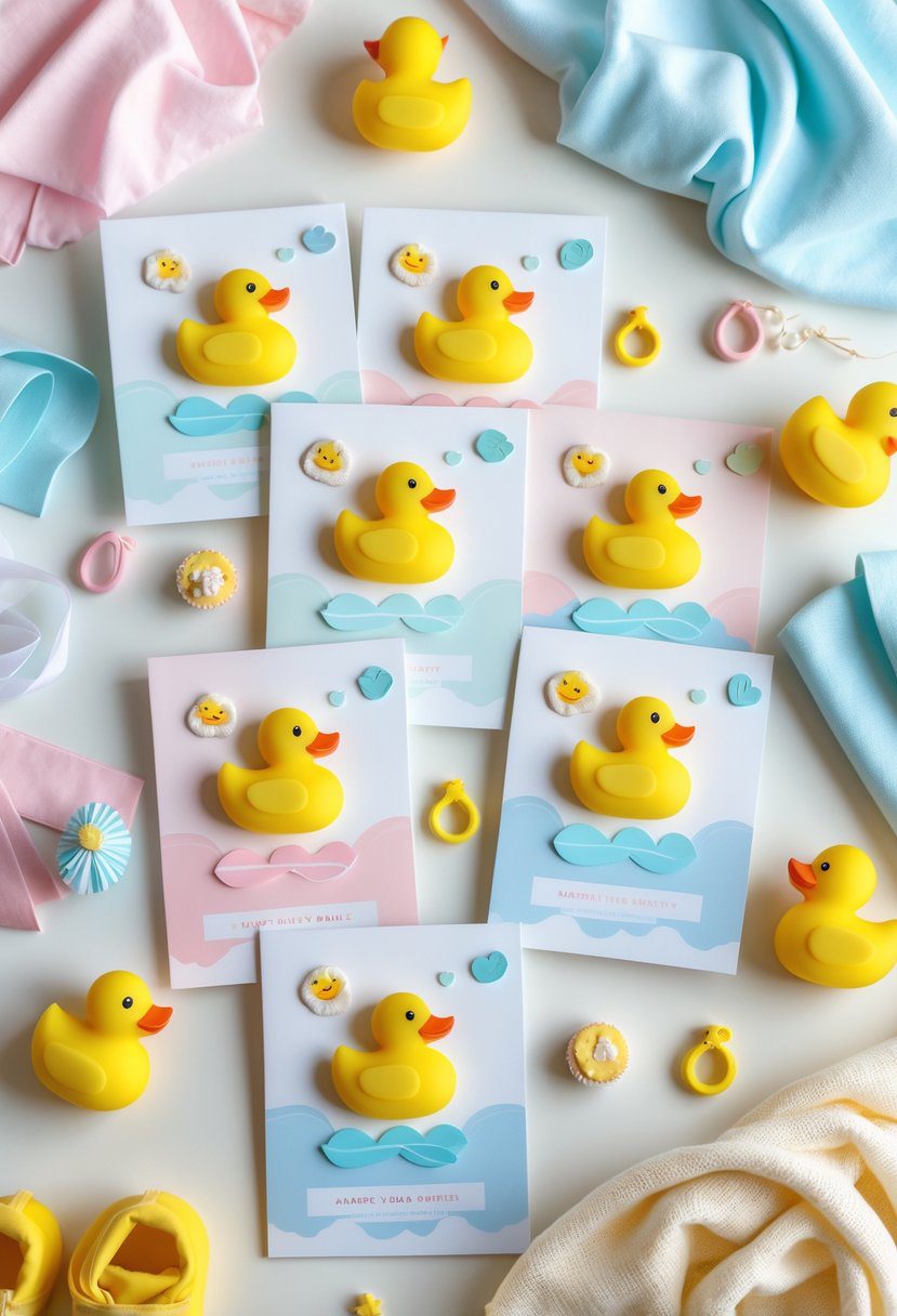 A collection of yellow rubber duck-themed baby shower invitations arranged with baby shower decorations on a white surface.