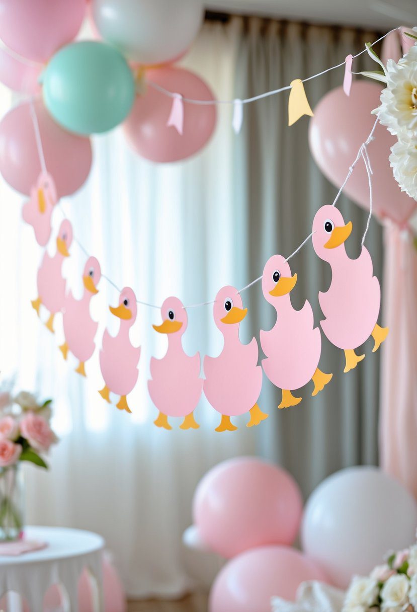Pink duck-shaped bunting banner hanging as decoration at a baby shower with pastel balloons and flowers in the background.