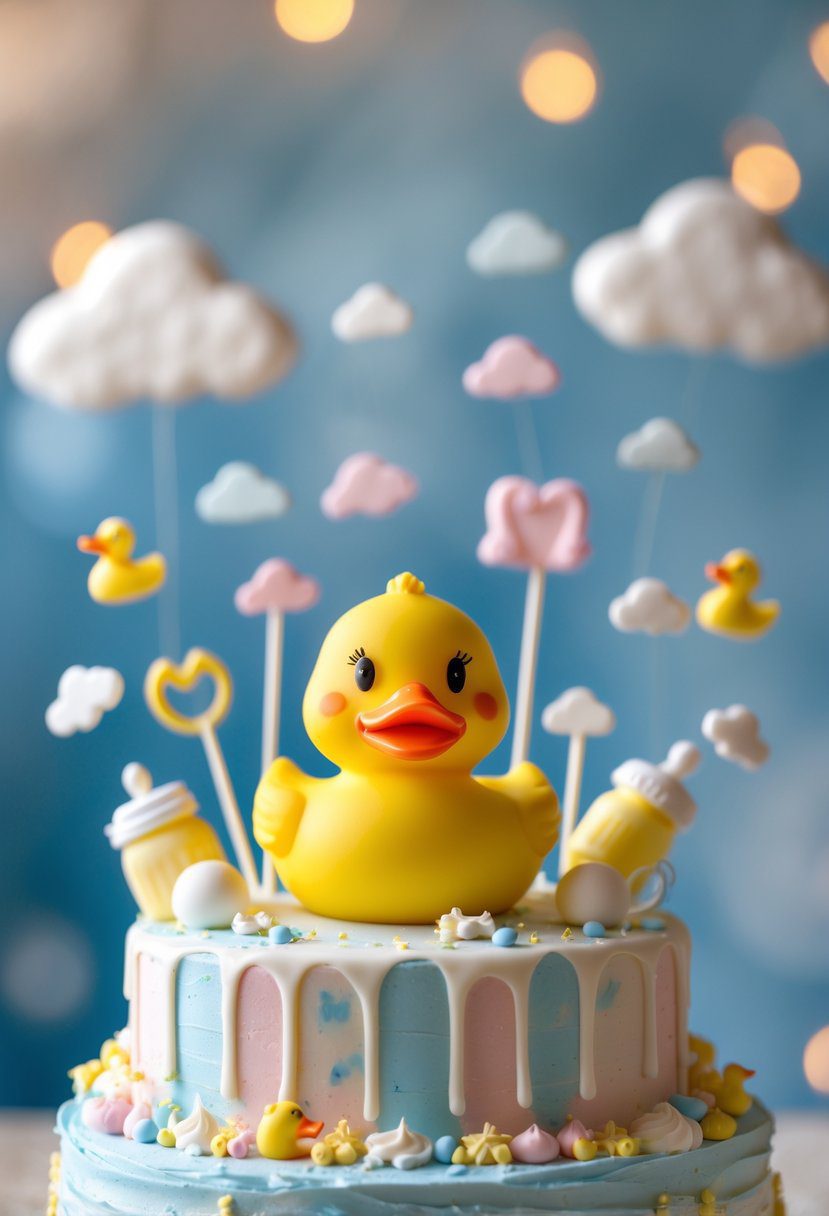 A rubber duck cake topper on a pastel-colored baby shower cake with baby-themed decorations.