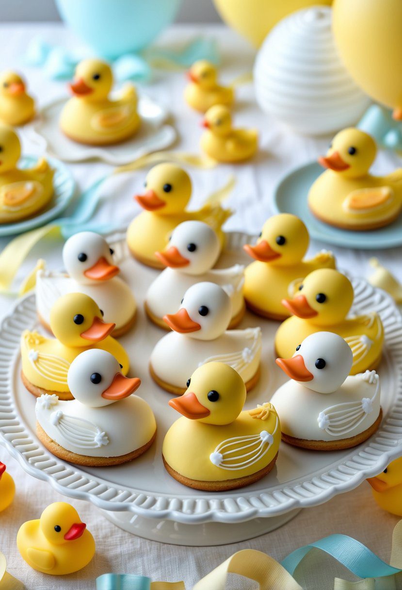 Plate of duck-shaped cookies decorated with yellow and white icing on a table with baby shower decorations.