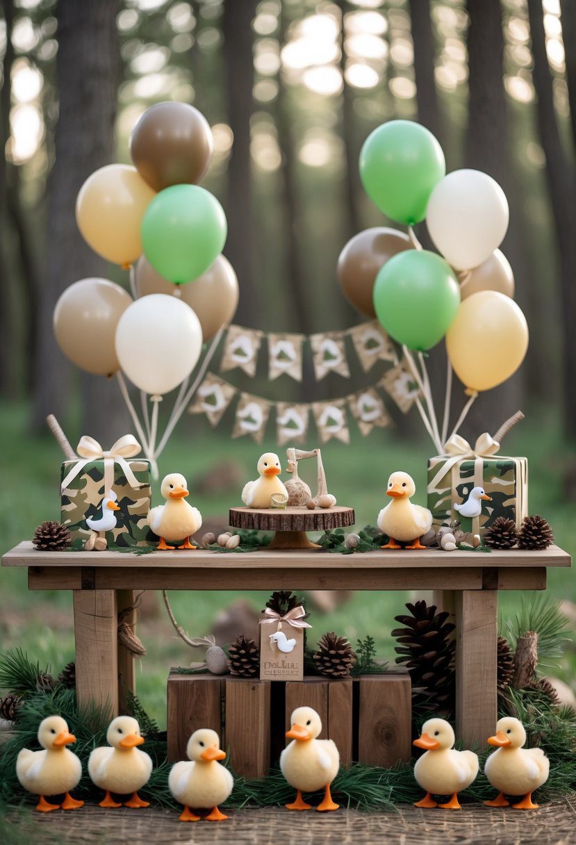 A baby shower decor setup with mallard duck hunting theme featuring duckling toys, rustic wooden table, camouflage patterns, and natural woodland elements.