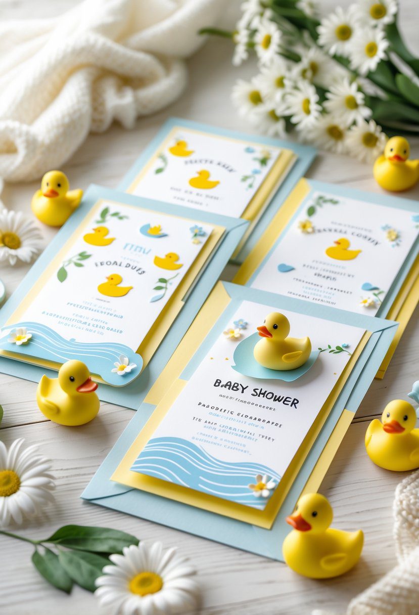 Handmade baby shower invitations with duck illustrations arranged on a table with baby decorations and flowers.