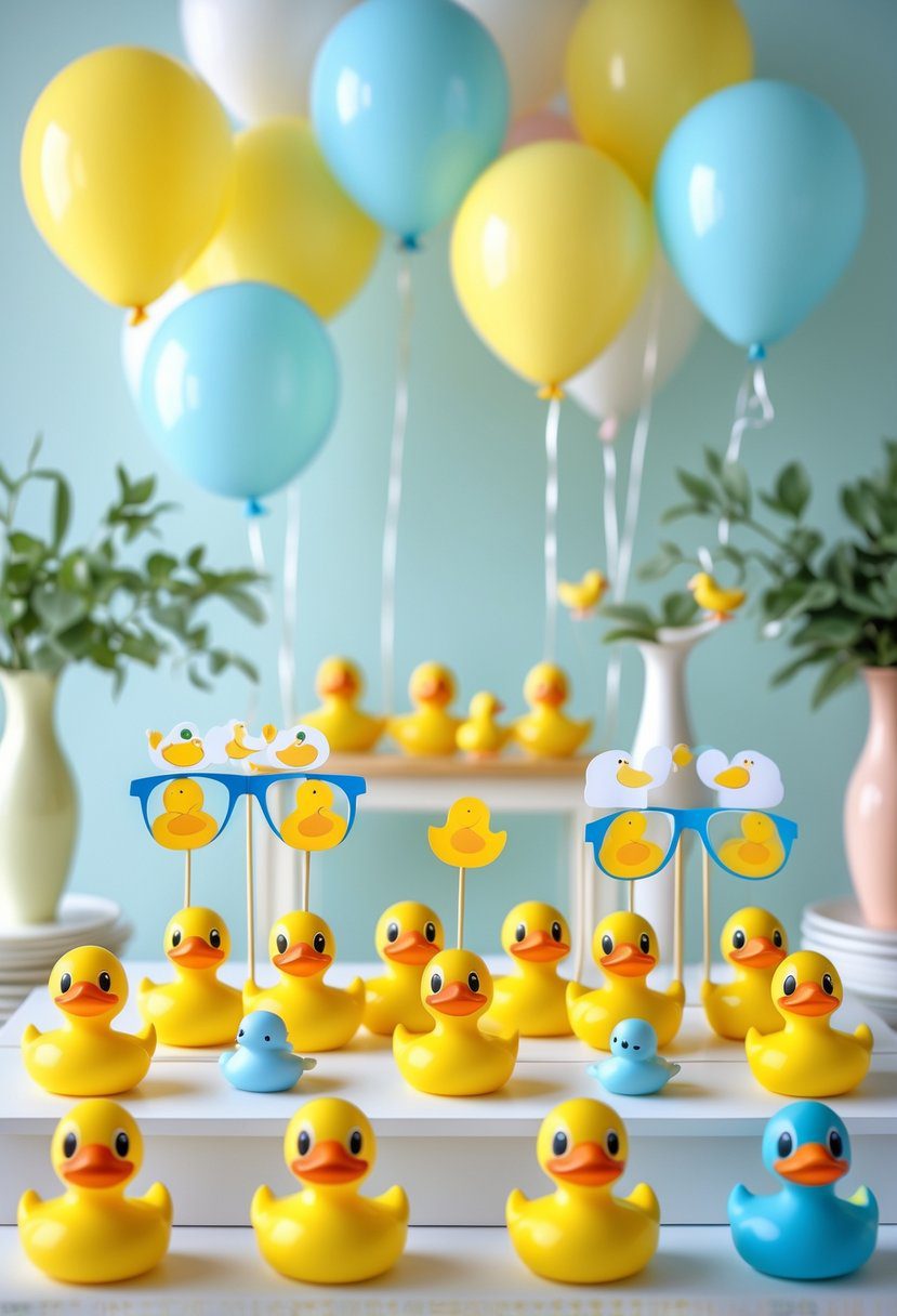A baby shower photo booth setup with duck-themed props including duck-shaped glasses, masks, and figurines on a decorated table with pastel balloons in the background.
