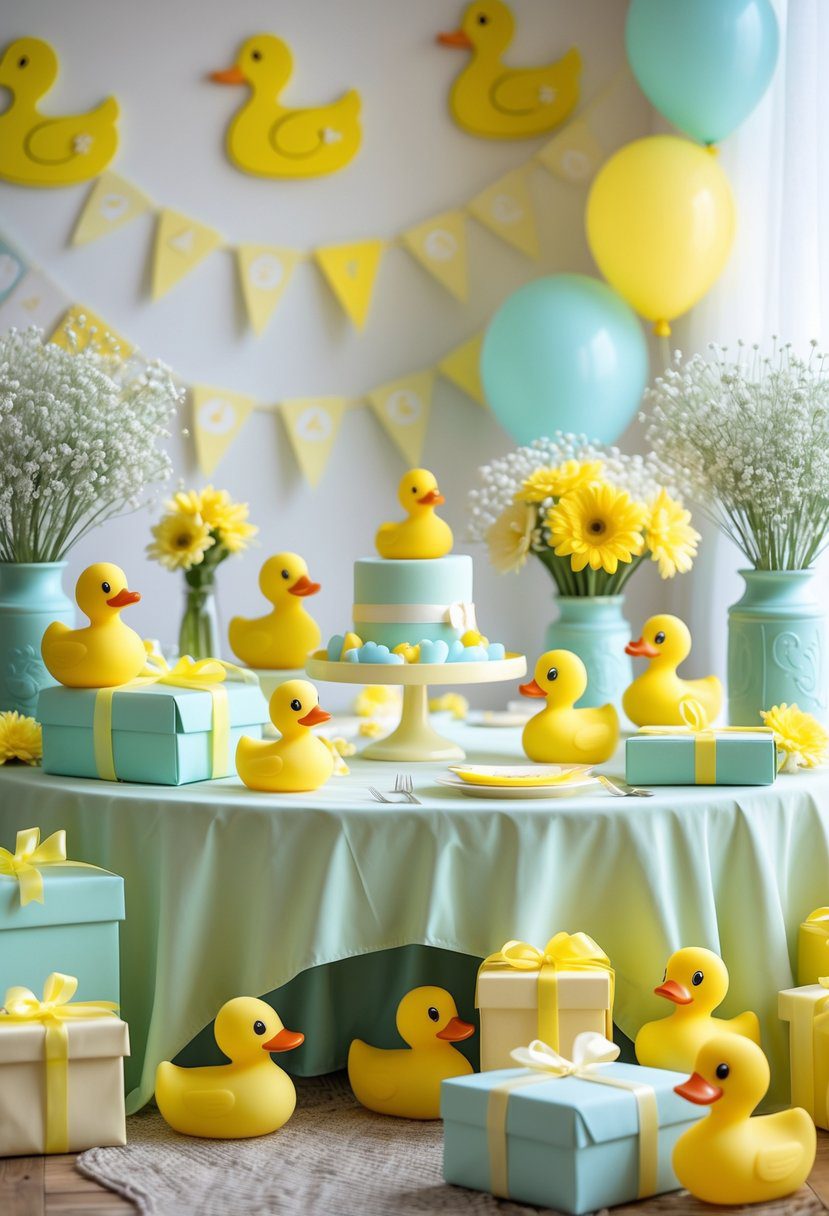 A baby shower table decorated with duck-themed items, pastel colors, flowers, and gifts.