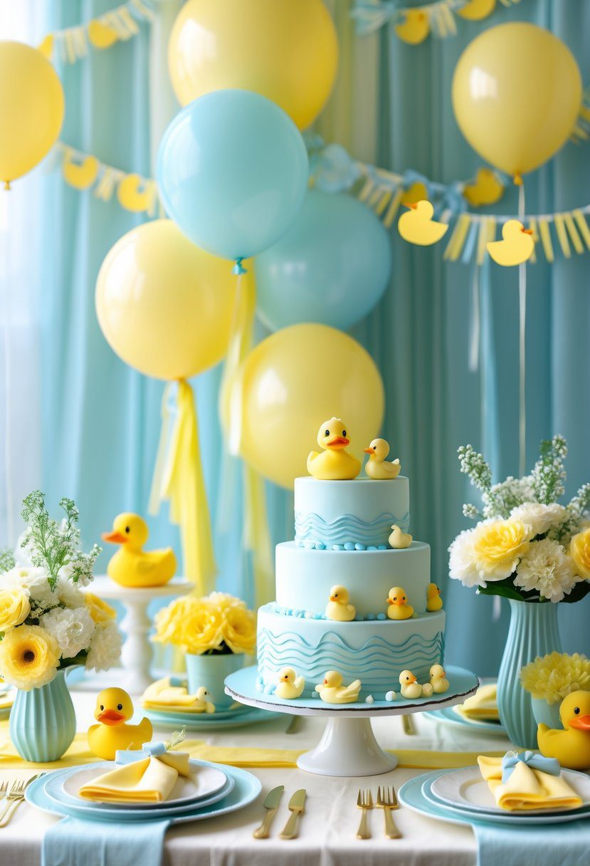 A baby shower table decorated with pastel yellow and blue duck-themed items, including balloons, plush toys, flowers, and a multi-tiered cake with duck figurines.