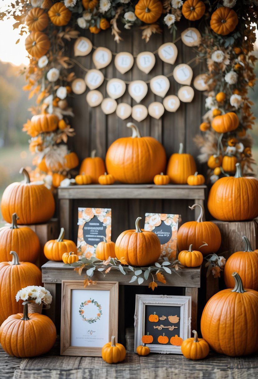 A decorated baby shower area with pumpkins, a festive banner, and a photo booth setup with themed props.