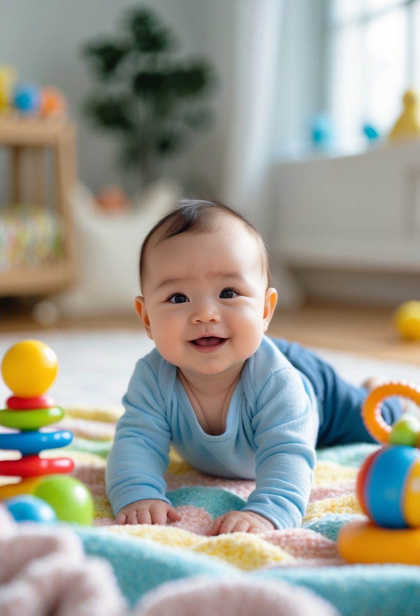 An infant lying on their tummy on a soft blanket surrounded by toys during tummy time.
