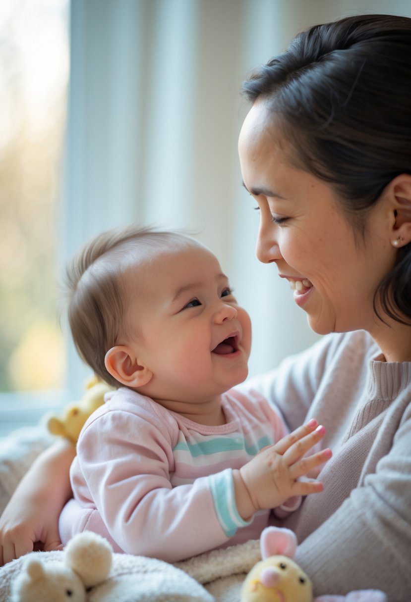 A parent and infant sitting together indoors, the parent smiling and imitating the baby's facial expressions while the baby looks back with curiosity.